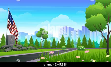 Veterans Day, Memorial Day, Independence Day or Patriot Day background. Headstones and National flags in National Cemetery landscape Stock Vector