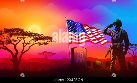 Memorial Day, Veterans Day, Independence Day or Patriot Day background. Soldiers silhouette saluting the USA flag at sunset time vector illustration Stock Vector
