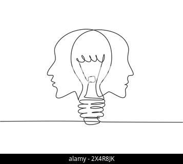 Single continuous line drawing of twin human face with light bulb in the middle logo label. Psychology mind inspiration icon label concept. Trendy one Stock Vector