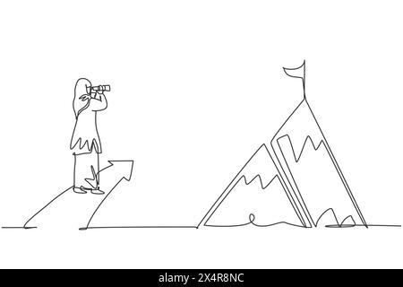 Continuous one line drawing young female Arabic worker looking top of the mountain from up arrow symbol. Success manager minimalist concept. Trendy si Stock Vector