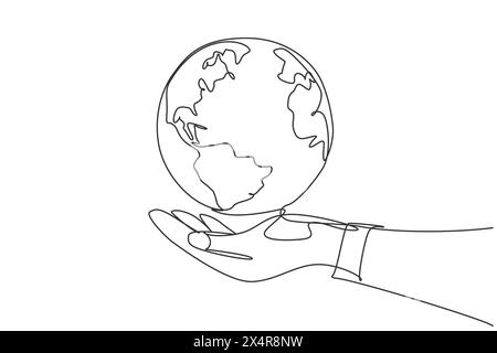 Single one line drawing of hands hold round earth. Globe icon silhouette for world protect concept. Infographics, business presentation isolated on wh Stock Vector