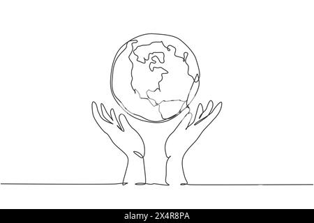 Single one line drawing of hands holding earth logo. World protect icon silhouette for education concept. Infographics presentation isolated on white Stock Vector
