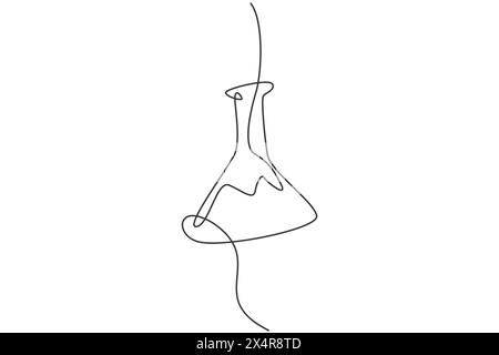 Single continuous line drawing of flask glass for experiment liquid on laboratory. Back to school minimalist style. Education concept. Modern one line Stock Vector