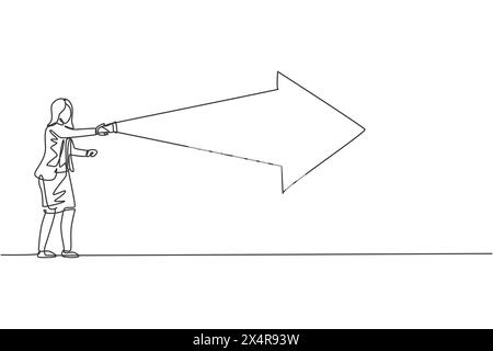 Single one line drawing of young smart business woman turn on flashlight into forward arrow light. Business sales focus minimal concept. Modern contin Stock Vector