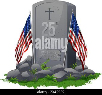 Memorial Day or Veterans day Concept, Marble tombstone with two USA flag, stone and grass. Stock Vector