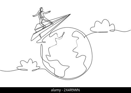 Single one line drawing young smart business man flying with paper airplane around the world. Business trip metaphor concept. Modern continuous line d Stock Vector