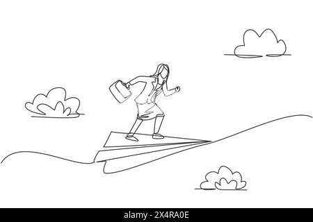 Single one line drawing young businesswoman flying on paper airplane ready to chase business target. Business vision. Metaphor minimal concept. Contin Stock Vector