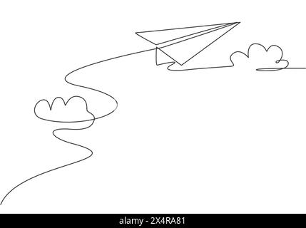 Single continuous line drawing of paper plane flying through the clouds on white background. Paper aircraft origami kid toy. Minimalism concept dynami Stock Vector