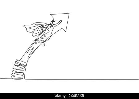 Single continuous line drawing of young Arab businessman jumping and flying with metal spring. Smart strategy of manager. Minimalism concept dynamic o Stock Vector