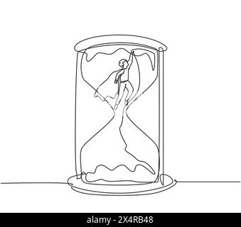 Single continuous line drawing young business man with wing flying to get out from hourglass. Minimalism metaphor business deadline concept. Dynamic o Stock Vector