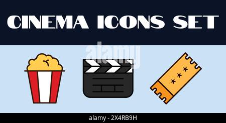 Film Cinema Icons Set Vector. Film Cinema Line Icons illustration. Movie Cinema. Stock Vector