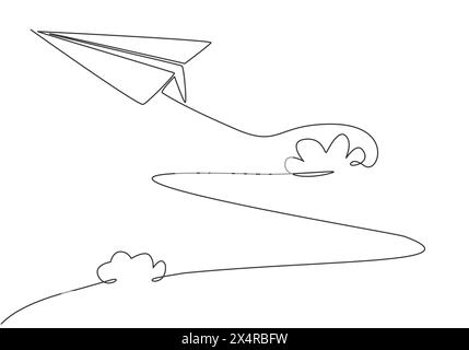 Single continuous line drawing of paper plane flying high through the clouds on white background. Paper origami kids toy. Minimalism concept dynamic o Stock Vector