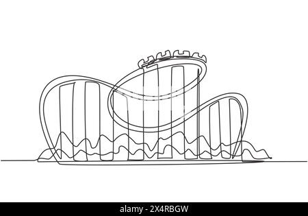 Single continuous line drawing of a roller coaster in amusement park with a track high into the sky. The passenger screamed while moving at high speed Stock Vector