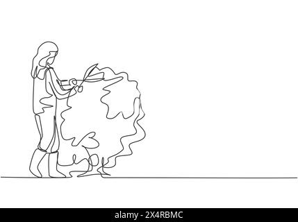 Continuous one line drawing young female farmer cut the leaves on the tree using plant scissors. Farming challenge minimalist concept. Single line dra Stock Vector