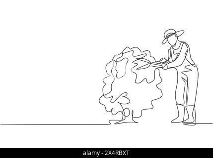 Single one line drawing of young male farmer cut the leaves on the tree using plant scissors. Farming challenge minimalist concept. Modern continuous Stock Vector