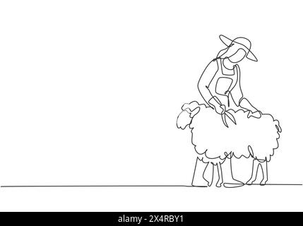 Single one line drawing of young female farmer was carefully shearing the fleece using scissors. Farming challenge minimal concept. Modern continuous Stock Vector