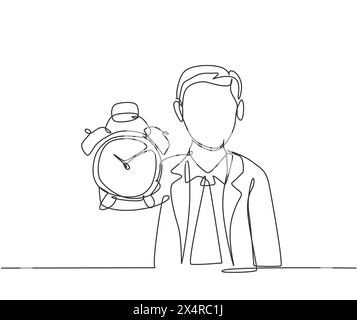 Continuous one line drawing young male worker holding analog alarm clock with his hand. Time management business minimalist concept. Single line draw Stock Vector