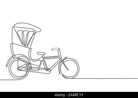 Single continuous line drawing the cycle rickshaw seen from the side pulls the passenger sitting behind it with a bicycle pedal. Tourist vehicle. One Stock Vector