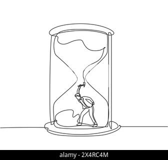 Continuous one line drawing young male worker digging treasure inside hourglass. Getting a new business idea minimalist concept. Single line draw desi Stock Vector