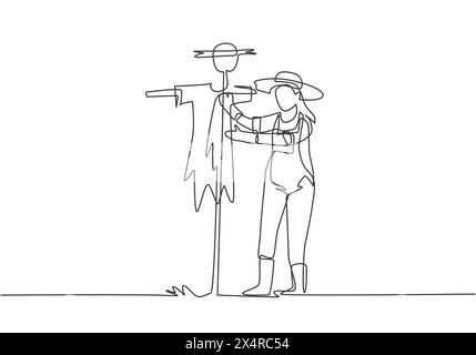 Single continuous line drawing a young female farmer in a straw hat putting up scarecrow to keep out pests of birds. Farming minimalist concept. One l Stock Vector