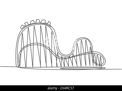 Single continuous line drawing of a roller coaster in an amusement park with a track high into the sky. Funfair festival play in outdoor concept. One Stock Vector
