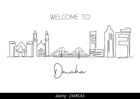 One continuous line drawing of Omaha city skyline, Nebraska. World beautiful landscape tourism and travel vacation for wall decor print. Stylish singl Stock Vector