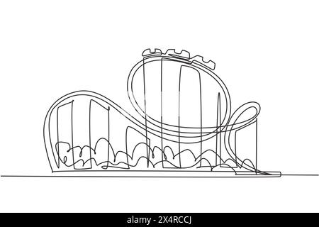 Single one line drawing of a roller coaster in an amusement park with a track high in the sky.  Extreme rides that are very popular with young people. Stock Vector