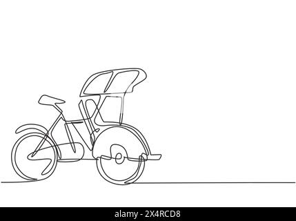 Continuous one line drawing pedicab is viewed from the side with three wheels and the front passenger seat and the driver's controls at the rear. Sing Stock Vector