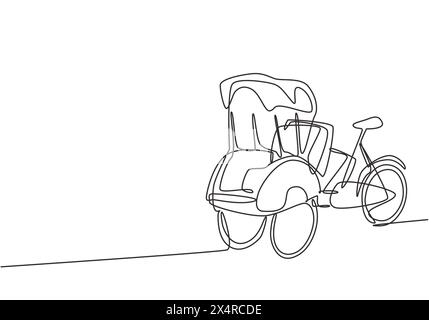 Single one line drawing pedicab with three wheels and passenger seat at the front and driver control at the rear are often found in Indonesia. Continu Stock Vector