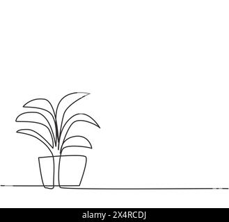 Single continuous line drawing potted plants with six growing leaves are used for ornamental plants. Leaves that decorate the interior of the room. On Stock Vector