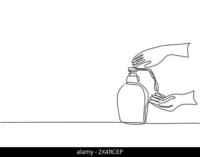 Single continuous line drawing hand sanitizer bottles containing cleaning fluids such as alcohol to clean hands from germs, bacteria, viruses. Dynamic Stock Vector