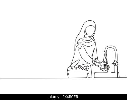 Single one line drawing of a woman in a hijab was washing the fruit in the sink from the germs that stick to it clean. Fruit put in a pretty basket. O Stock Vector