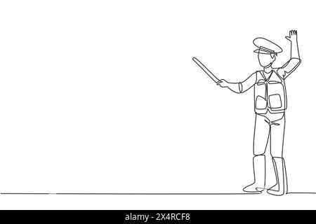 Single one line drawing of a policeman in full uniform and using a short stick is controlling the vehicle on a busy highway. A life in the city. Conti Stock Vector