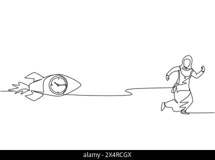Single continuous line drawing young Arab business woman chased by flying rocket with analog clock inside. Rush hour management minimalist concept. On Stock Vector