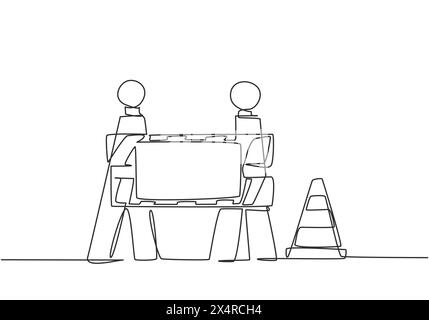Single continuous line drawing warnings on under construction boards and traffic cones located on the side of the road that is undergoing repairs. One Stock Vector