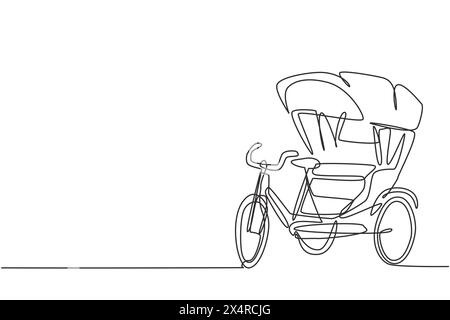 Single one line drawing of cycle rickshaw with three wheels and a rear passenger seat is an ancient vehicle in several Asian countries. Modern continu Stock Vector