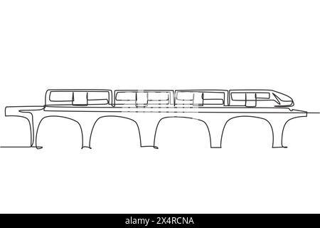 Single one line drawing of the bullet train that is passing on the bridge goes fast to deliver the passengers at the destination station. Modern conti Stock Vector