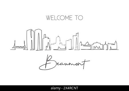 One continuous line drawing Beaumont city skyline, Texas. Beautiful landmark art sign. World landscape tourism travel home wall decor poster print. St Stock Vector