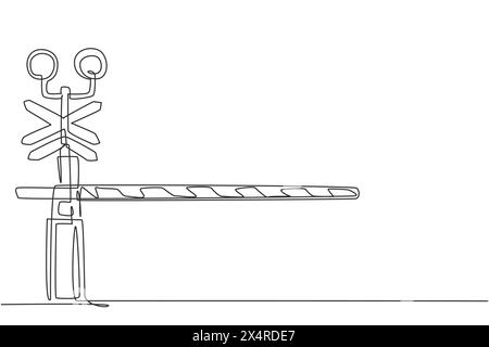 Continuous one line drawing a railway barrier with stripes, signs, and warning lights closes railroad crossings to prevent vehicles from entering. Sin Stock Vector