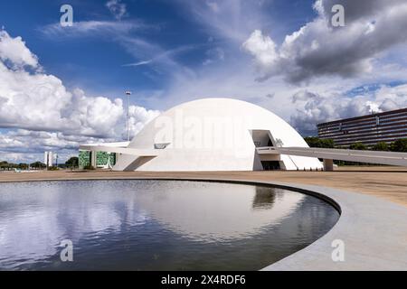 Reflection of the National museum in Brasília, Museu Nacional da República, Brasilia, Brazil Stock Photo