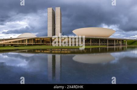 Panorama reflection of the National Congress Palace, Palacio do Congresso Nacional, Federal Capital of Brasilia, Brazil Stock Photo