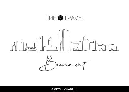 One single line drawing Beaumont city skyline, Texas. World historical town landscape. Best holiday destination postcard. Editable stroke trendy conti Stock Vector