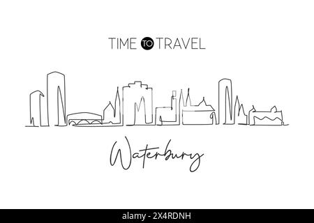 One continuous line drawing Waterbury city skyline Connecticut. Beautiful landmark art. World landscape tourism travel home wall decor poster print. S Stock Vector