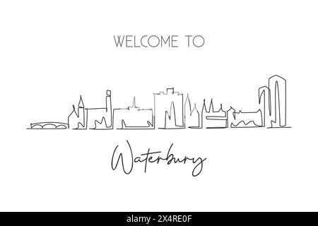 One single line drawing Waterbury city skyline, Connecticut. World historical town landscape. Best holiday destination postcard. Editable stroke trend Stock Vector