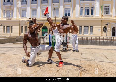 Capoeira fighting performance in the Pelourinho district, Salvador, Bahia, Brazil Stock Photo