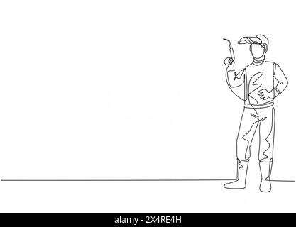 Continuous one line drawing of young male welder pose standing and holding a welding machine nozzle. Professional job profession minimalist concept. S Stock Vector