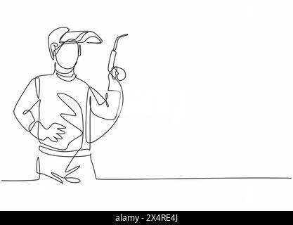 Single continuous line drawing of young male welder wearing mask and holding welding machine. Professional work job occupation. Minimalism concept one Stock Vector