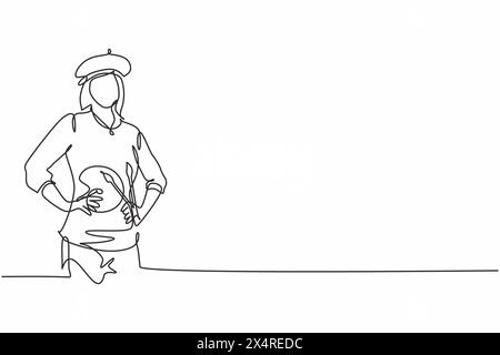 Continuous one line drawing of young female beautiful talented painter artist with hands on hip. Professional job profession minimalist concept. Singl Stock Vector