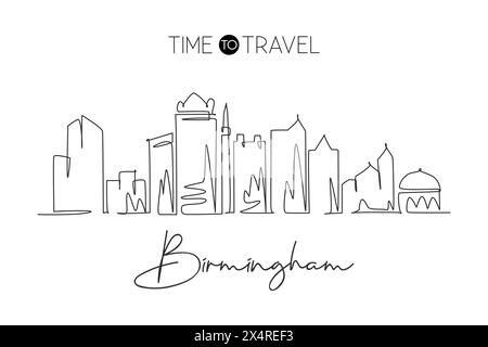 One continuous line drawing of Birmingham city skyline, Alabama. Beautiful landmark art. World landscape tourism travel wall decor poster, postcard. S Stock Vector