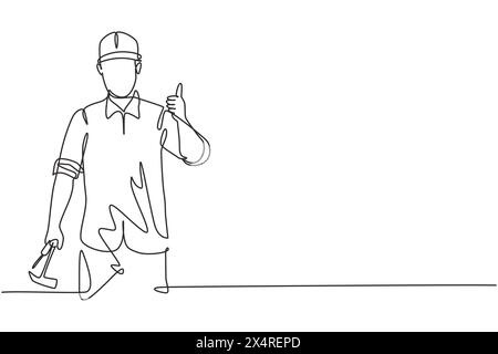 Single continuous line drawing a carpenter with a thumbs-up gesture works in his workshop making wooden products. Skills in using carpentry tools. One Stock Vector